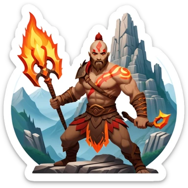 An icon showing a powerful warrior wielding a weapon, inspired by God of War: Ragnarok. The design captures the character’s strength, with dynamic motion lines. A fiery, mythological background with mountains and ruins enhances the epic atmosphere. Transparent background. sticker