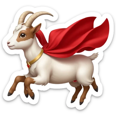 side view of white female goat wearing a read cape like superman sticker