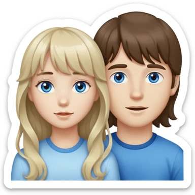 A wavy girl with bangs, brown hair with a single blonde streak in her bangs, and a white-skinned girl with a boy with darker hair, blue eyes, very white skin, and long hair that reaches his ears. sticker