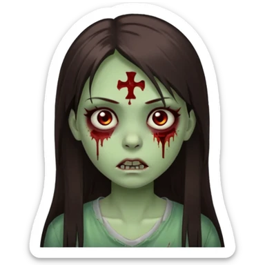 girl zombie with green pale skin with long dark brown straight hair with side bangs light brown eyes blood under eyes and brui sticker