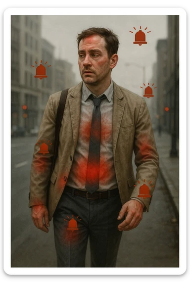 Uomo di circa 35 anni in giacca e cravatta, cammina deciso mentre il suo corpo invia segnali visibili: zone arrossate su addome, testa e articolazioni, occhi stanchi, pelle spenta. Intorno a lui appaiono simboli di allarme (come piccole icone rosse di dolore o stanchezza), ma lui guarda altrove con espressione indifferente o distratta. Sfondo urbano, giornata grigia, atmosfera di disconnessione mente-corpo. Stile realistico con accenti metaforici. sticker