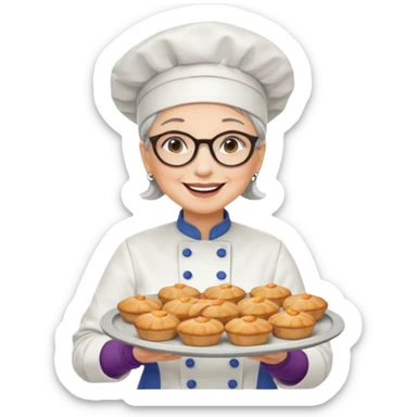 Older female pastry chef – round glasses, oven mitts on, holding a tray of pastries.

 sticker