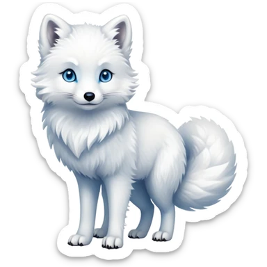 cinematic-arctic-fox-realistic-full-body-standing-emoji,-fluffy-tail-curled-slightly-around-its-paws,-thick-pure-white-fur-blending-into-the-snowy-landscape,-head-tilted-dramatically,-bright-blue-eyes-glistening-with-intelligence,-simplified-yet-realistic-focused-features,-highly-detailed,-glowing-with-an-almost-sarcastic-glow sticker