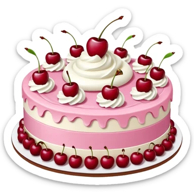 Round pink frosted cake with textured buttercream sides, placed on a plate cake board.
White whipped cream swirls on top, each topped with glossy red cherries with stems, clean studio lighting, isolated background, realistic minimal smooth emoji-style. sticker
