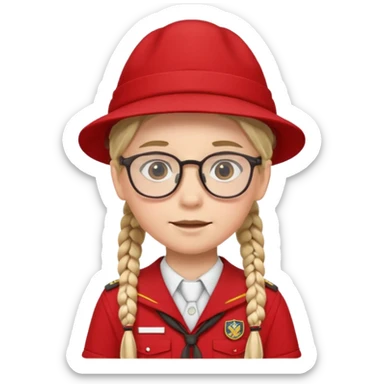 red uniform wearing scout kid with braids and glassess with hat sticker