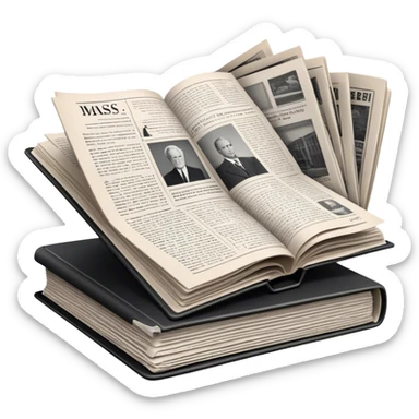 Icon for Non-Fiction & Narrative Reading: an open book with black-and-white photos on the pages, surrounded by a pile of newspaper clippings, and an open folder with top-secret documents. The icon should reflect the blend of real stories and facts in non-fiction literature. Transparent background. sticker