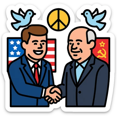John F. Kennedy and Mikhail Gorbachev side by side, smiling, shaking hands, small peace symbol and doves, US and USSR flags as accents, friendly diplomatic atmosphere sticker