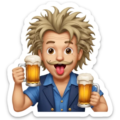 funny man with exaggerated, ridiculous, manic expression holding a beer mug, cross eyed, tongue out, wild hair sticker
