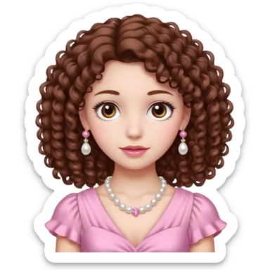 A girl with a brown curly hair and beautiful brown eyes and white skin and pink dress with pearl jewelry sticker