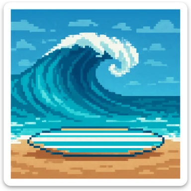 Add a pixel art ocean wave background behind the surfboard, matching the pixel art style. The style should resemble pixel art with blocky, pixelated details and limited color palette. sticker