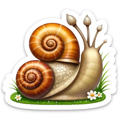 Close-up of large home snails inside a terrarium, showcasing their soft, spiral shells and glistening bodies, with a gentle light highlighting their details. With stones and grass and flowers. Transparent background. sticker