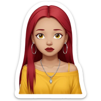 generate a pretty bratz girl with dark brown eyes. Dark long red hair straight long. wearing a yellow oversized tee falling off her shoulder, dainty silver necklace, silver hoops, septum piercings. big eyeliner sticker