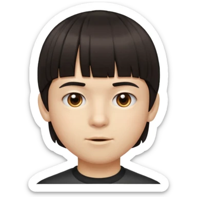 A boy no long hair À emoji that don’t smile Dark brown thick hair, short blunt fringe with straight bangs, a lot more compact textured top, evenly cut front, short tapered sides (shaved), clean modern haircut, realistic emoje style, neutral expression. sticker