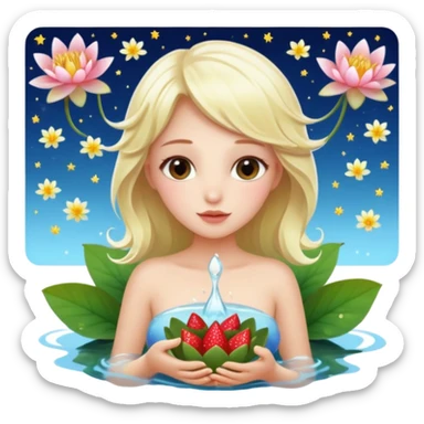 a beautiful girl mix with  watel lili and  Strawberries  being born with an nenuphar on her light hair on stars  sticker