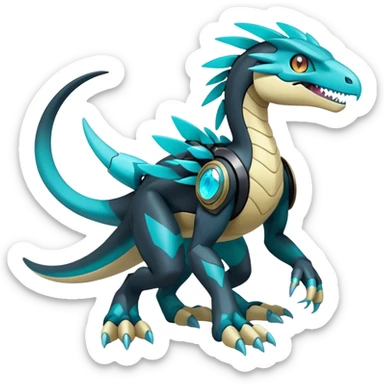 Shiny Futuristic Celestial Fakemon-Pokemon-Digimon-Spectrobes-Raptor-fusion, full body, four legs, black body, cyan accents, scales sticker