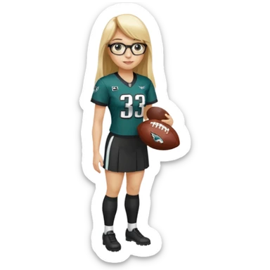 full length women wearing eagles uniform, long blonde hair, straight bangs, black glasses, holding football, number 33 sticker