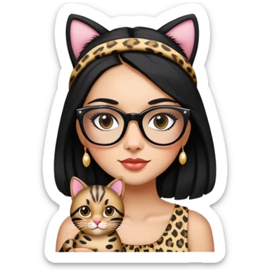 A woman with a cute face and long black hair, wearing a head accessory. She has stylish makeup on. She wears leopard-print frame glasses. She’s dressed in a beautiful, charming sundress. She’s holdingher black-striped cat. sticker