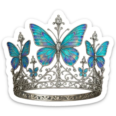 butterfly crown with a metallic silver base, butterflies in iridescent enamel, sparkling gems, transparent background sticker