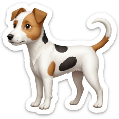 a full body large white parson russell terrier looking dog the size of a kelpie with light brown ears and a light brown patch on one eye and a large snout sticker