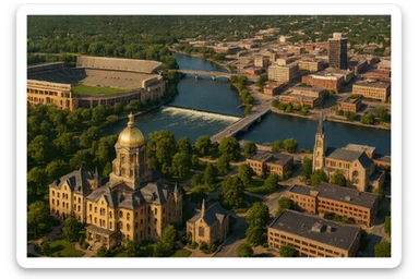 cinematic realistic emoji of South Bend Indiana wide city view with iconic landmarks University of Notre Dame campus including Golden Dome Notre Dame Stadium St Joseph River downtown South Bend lifelike detail accurate colors bright daytime lighting no sky no clouds no city name label sticker