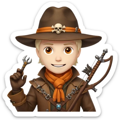 male human monster hunter emoji, wearing brown leather coat and wide hat, holding crossbow, with amulet shaped like skull, Halloween fantasy theme, confident smile, orange scarf, Apple emoji style, clean white background, square image sticker