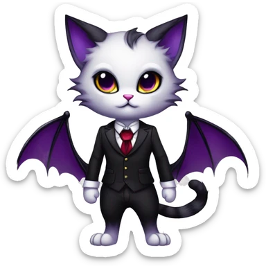 Cute-Edgy-Vampiric-Batty-Cat-Black-Purple-Red-Yellow-Contrast-Colors-Fantasy-Fur-Sona-Chibi-Shiny-Fakémon-Hybrid with horns and big fangs neck bow white tie leg spats full body sticker