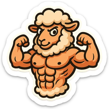 Create a buff sheep with visible 6 pack abs in a cartoonish sticker style. The style should resemble cartoonish stickers with bold outlines and vibrant colors. sticker