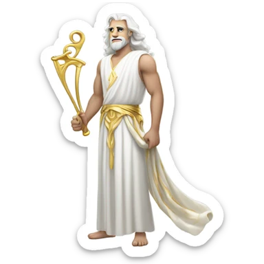 white man Poseidon. long white hair white dress. with gold hoses sticker