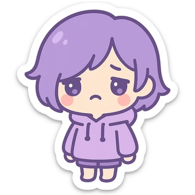 purple haired emo, cute chibi style, oversized hoodie, sad expression sticker