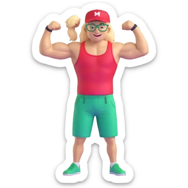 Man with black and white cap, bare torso, red shorts, clear glasses, messy light blond mullet hairstyle, smiling and flexing muscles sticker
