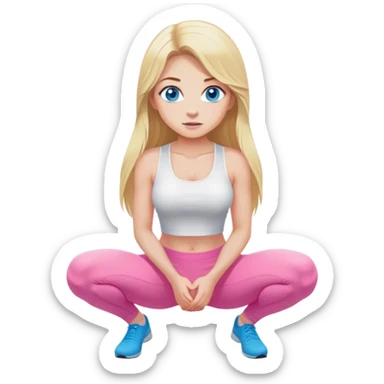 Cinematic realistic blonde with long hair and blue eyes, dressed in a white top and pink leggings, squats sticker