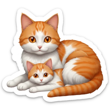 full body of a grey and white cat cuddling a very small + skinny ginger and white kitten with deep orange eyes and triangular shaped face lying down sticker