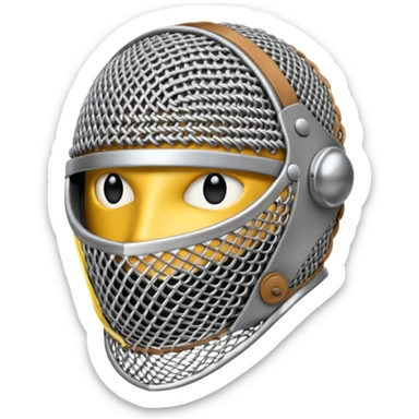 3D render oFencing Mask, made of interlocking chainmail metal rings, wire mesh texture, visible holes and negative space, metallic silver and grey, high contrast shadows, emoji style, isolated on white background --v 6.0. sticker