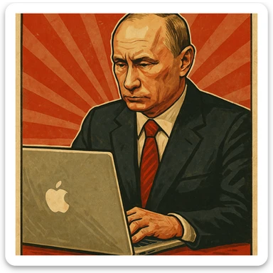 Vladimir Putin working on a MacBook in a vintage propaganda poster style sticker