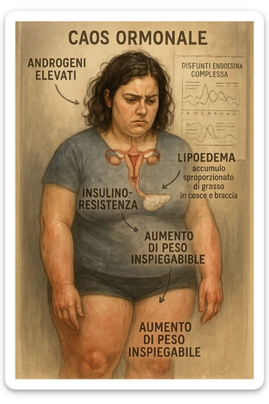 cinematic realistic in italiano Woman with PCOS struggling with hormonal chaos, transparent overlay showing elevated androgens and insulin resistance affecting her body, lipedema causing disproportionate fat accumulation in legs and arms despite normal torso, expression of frustration with unexplained weight gain, medical charts showing complex endocrine dysfunction, painful swollen limbs contrasting with metabolic confusion sticker