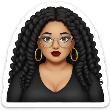 big plus size, latina, darker tan skin, gold hoops, long black curly hair, baddie,pretty, makeup, dark red lipgloss, black eyeliner, long hair, black shirt, black glasses sticker