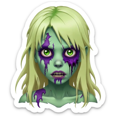 undead zombie girl with rotting green skin, purple bruises, messy long blonde hair with bangs, cracked lips sticker