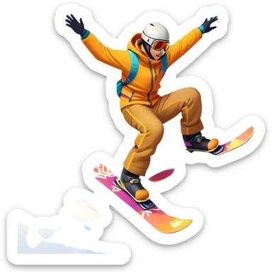 An icon showing a snowboarder performing an exciting jump on a snow-covered slope. The background features towering mountains, snow-covered trees, and a bright, clear sky. Transparent background highlights the speed, agility, and thrill of snowboarding. sticker