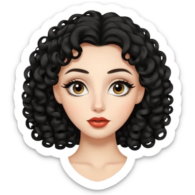 persona mujer con piel clara y rizos suaves color negro y largos  y sin volumen y con delineador en los ojos y con los labios medianos, ojos almendrados y nariz respringada sticker