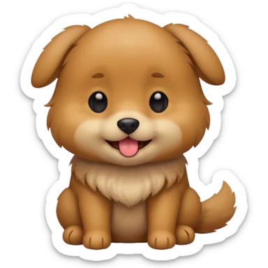 Cute small brown fluffy dog emoji icon. Round face, short muzzle, light brown fur with slightly darker ears, small black nose, happy smiling expression with tongue out. Soft friendly eyes, sitting pose with front paws together. Simple clean vector style, minimal details, kawaii style. sticker