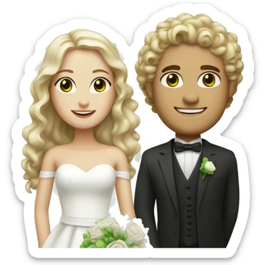 Bride with curly blonde hair and green eyes and white skin and groom with brown hair and green eyes and white skin sticker