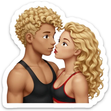 athletic man, high top fade, blonde curly hair only top only, no shirt and Athletic girl with long wavy red hair and black sports bra, Put them together kissing, or holding hands sticker