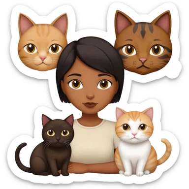 a brown girl with short black hair with two cats, a fat brown cat and a skinny white and beige cat sticker