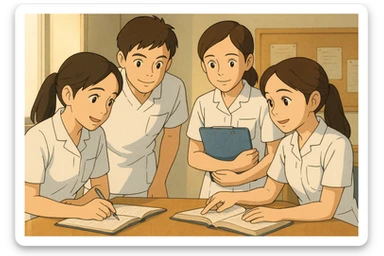 Quatre étudiants infirmiers en intérieur, style Ghibli, travaillant en collaboration et en interaction. Uniformes blancs à manches courtes, tuniques médicales col en V, poche poitrine à gauche, avant-bras nus, pas de pied de col ni stéthoscopes, cheveux longs attachés pour celles qui en ont. Visages inspirés des quatre photos jointes. sticker