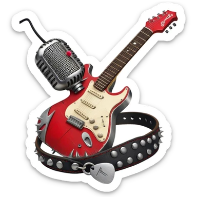 Create a powerful and dynamic humanless emoji representing rock vocals. The design should feature a classic vintage microphone with a rugged, distressed look, surrounded by elements like a guitar pick, electric guitar neck, and sound waves to reflect the raw energy of rock music. Add subtle details such as a spiked bracelet, leather textures, or bold lightning bolts to evoke the rebellious and intense spirit of rock. Use dark, edgy colors like black, red, silver, and metallic accents to emphasize the fierce, loud, and passionate nature of rock vocals. The background should be transparent. sticker