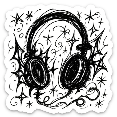 black gothic headphones with wild gothic shapes and expressive lines, chaotic doodle style sticker