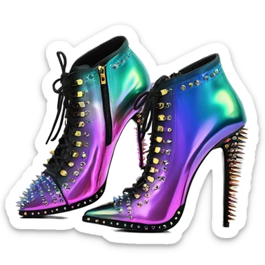 Realistic isolated top front view of a pair of Iridescent ombre studded spike heel ankle bootie boots.  sticker