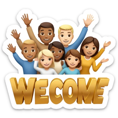 generate realistic detailed group of people with text welcome 3d style sticker