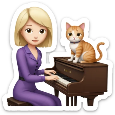 woman playing piano while her cat sits on top of the piano sticker