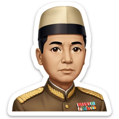​Cinematic Realistic Portrait of Sukarno, depicted in a lifelike, realistic style based on his iconic portrait, showcasing his thoughtful, charismatic expression in period attire, rendered with detailed textures and warm, evocative lighting that captures his pioneering spirit and national pride, sticker